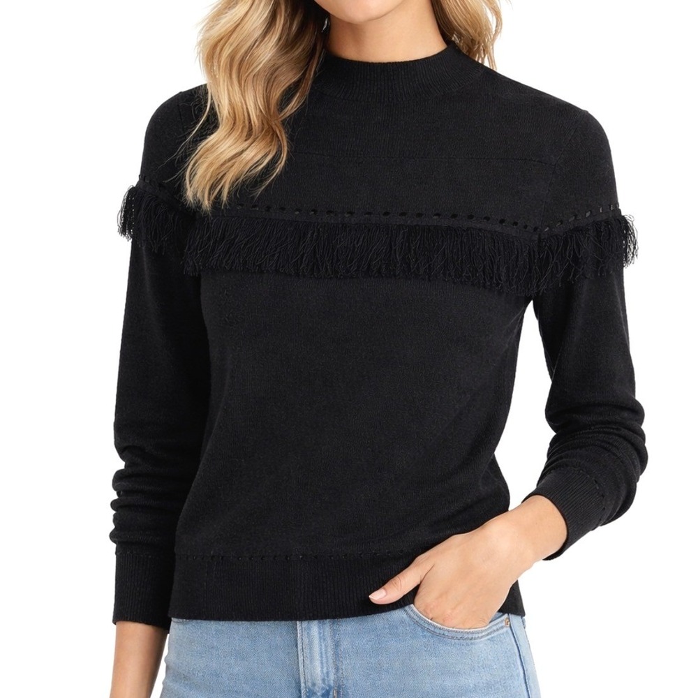 Topshop Womens Black Fringe Mock Neck Knit Sweater US‎ Size 2 Pointelle Pullover